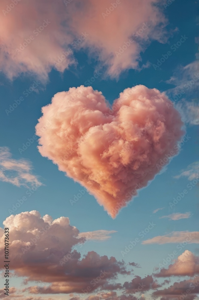 Pink Heart-Shaped Cloud Against Soft Blue Sky for Whimsical Effect Pink Heart-Shaped Cloud Against Soft Blue Sky for Whimsical Effect