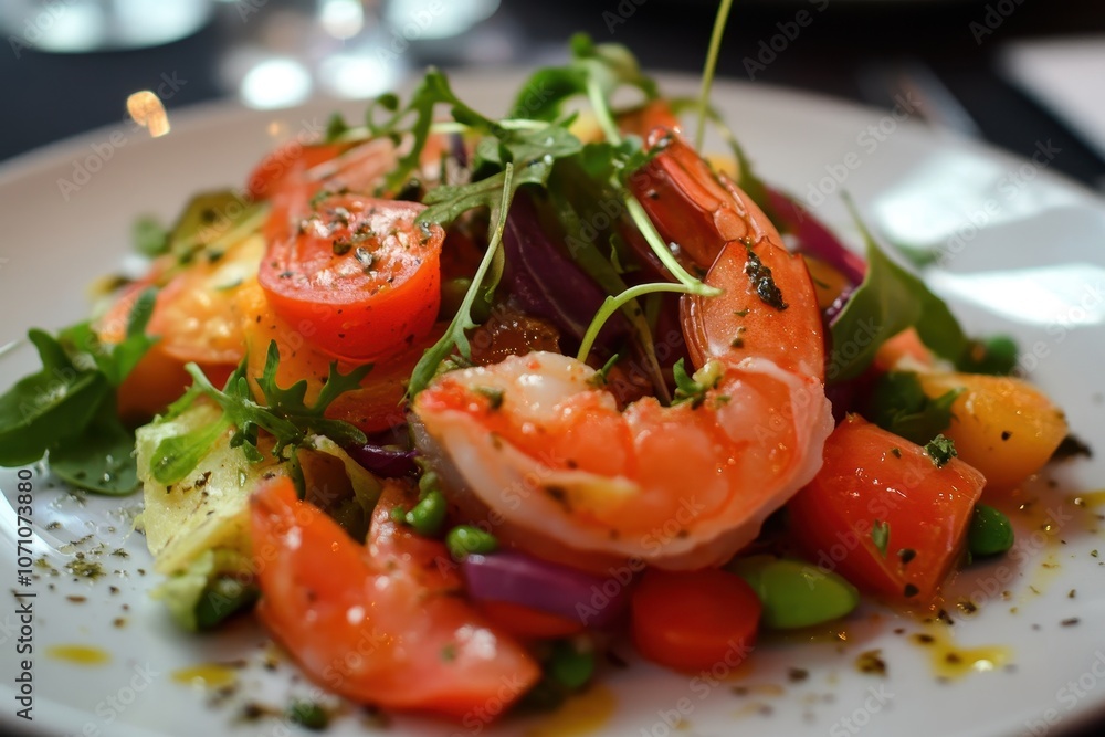 dish of fresh vegetables herbs and shrimp dish of fresh vegetables herbs and shrimp