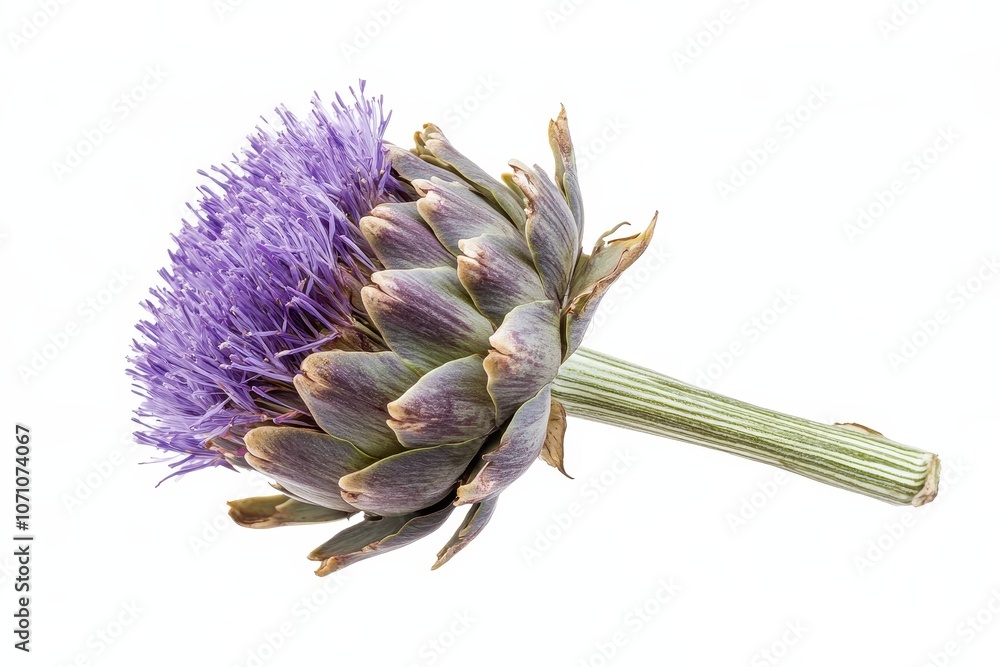 Edible bud of artichoke flower on white backdrop