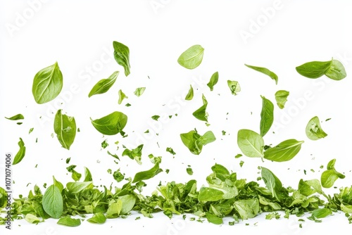 Dried oregano flakes airborne separated on white