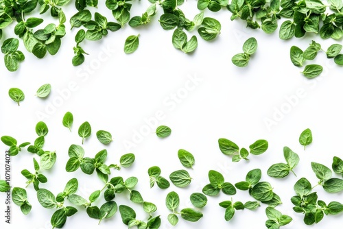 Dried oregano pieces strewn on white background aerial view