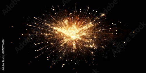 A large firework explosion in gold and red with dust particles and glittering sparks, against a black background with a hint of bokeh effect