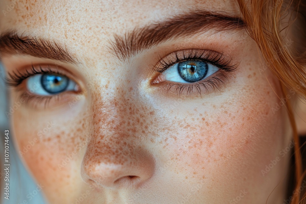 Close-up Portrait of a Woman's Face with Freckles and Blue Eyes Close-up Portrait of a Woman's Face with Freckles and Blue Eyes