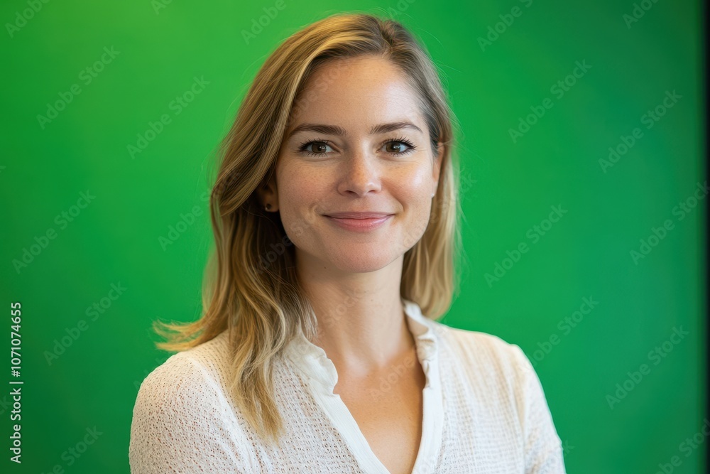 Four white studio chairs are positioned in front of a green screen under studio lighting Four white studio chairs are positioned in front of a green screen under studio lighting