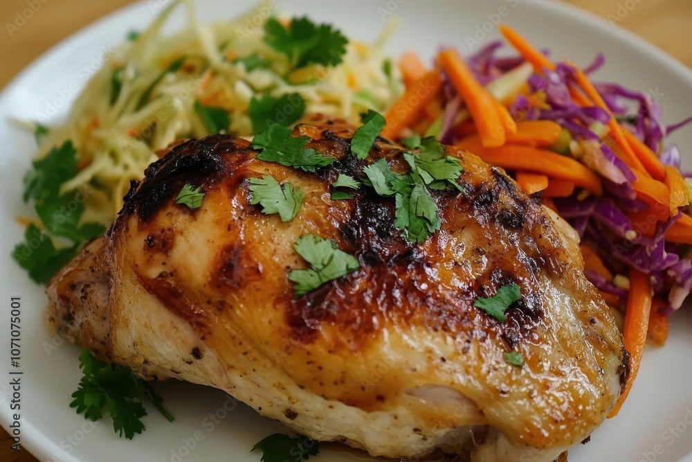 Garlic and coriander chicken with pickled veggies and coleslaw