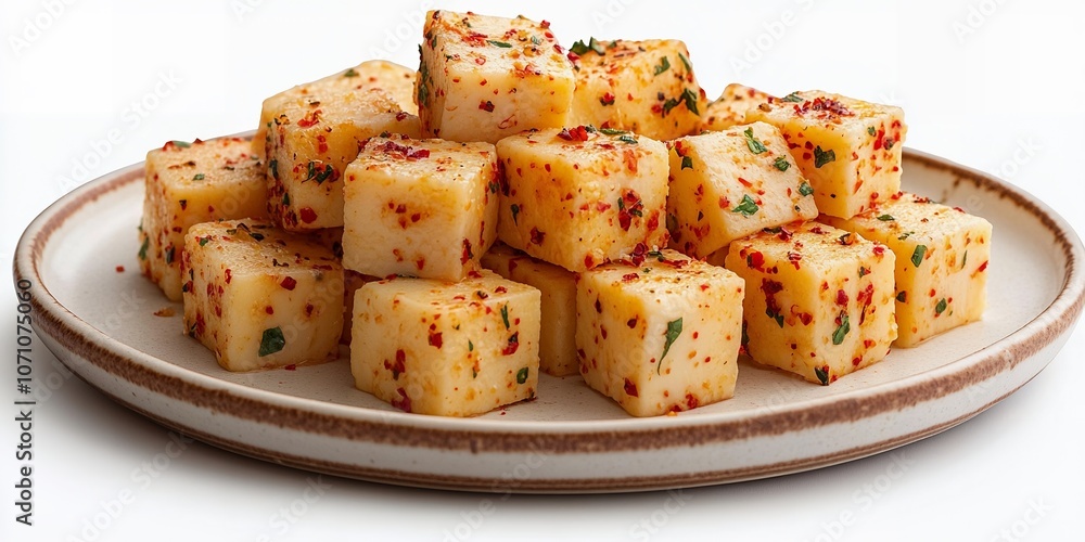 Deliciously Seasoned Cheese Cubes on a Rustic Plate, Garnished With Herbs and Spices, Perfect for Snacking or Adding Flavor to Dishes at a Social Gathering Deliciously Seasoned Cheese Cubes on a Rustic Plate, Garnished With Herbs and Spices, Perfect for Snacking or Adding Flavor to Dishes at a Social Gathering