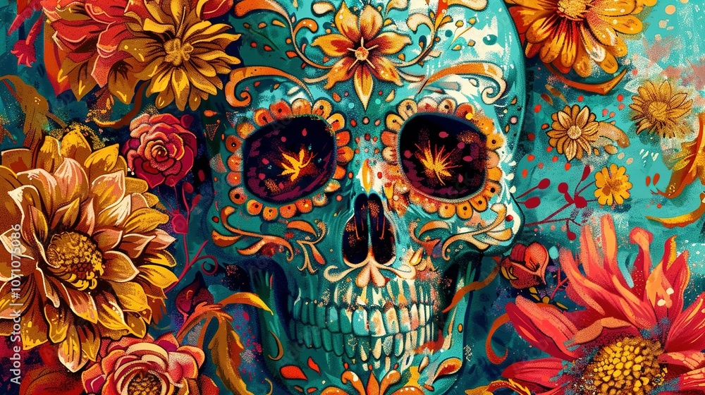 Ornate Sugar Skull Adorned with Vibrant Floral Patterns Ornate Sugar Skull Adorned with Vibrant Floral Patterns