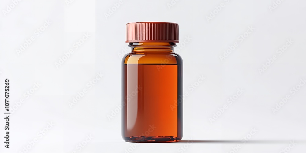 A Clear Amber Glass Bottle With a Red Screw Cap, Filled With Liquid, Placed Against a Light Background in a Well-Lit Setting, Showcasing Its Contents A Clear Amber Glass Bottle With a Red Screw Cap, Filled With Liquid, Placed Against a Light Background in a Well-Lit Setting, Showcasing Its Contents