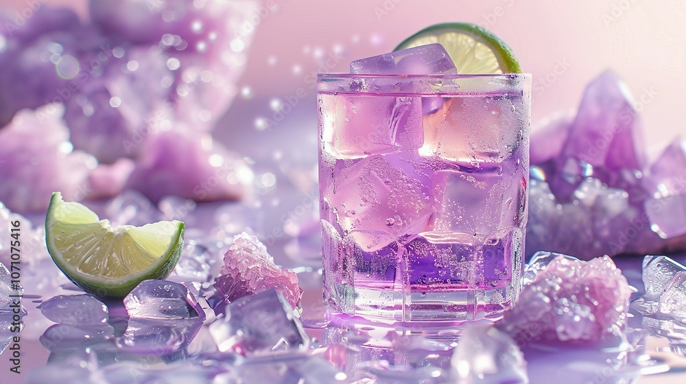 Purple Drink with Lime Wedge and Ice Cubes on Amethyst Crystals Purple Drink with Lime Wedge and Ice Cubes on Amethyst Crystals