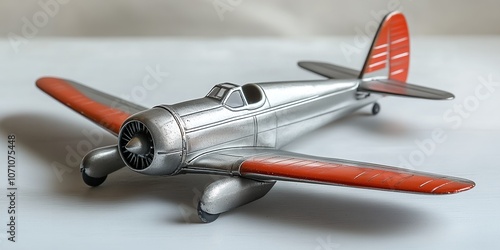 A Detailed Model Airplane With Red Wings and a Silver Body Displayed on a White Surface, Showcasing Craftsmanship and Nostalgic Design