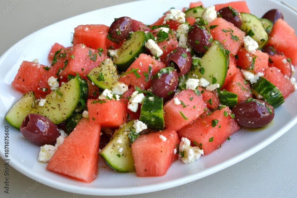 Greek Salad with Watermelon and Kalamata Olives Aerial view Greek Salad with Watermelon and Kalamata Olives Aerial view