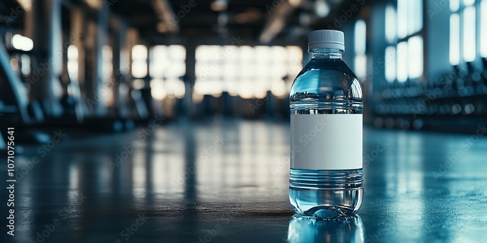 A Clear Plastic Water Bottle Stands Prominently on a Polished Gym Floor During a Bright, Active Morning, Capturing the Essence of Hydration in a Fitness Environment A Clear Plastic Water Bottle Stands Prominently on a Polished Gym Floor During a Bright, Active Morning, Capturing the Essence of Hydration in a Fitness Environment