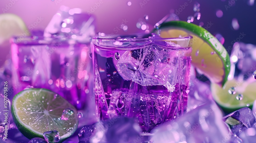 Purple Cocktail with Lime and Ice Cubes Purple Cocktail with Lime and Ice Cubes