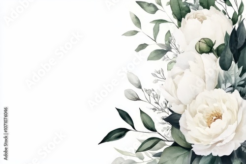 Fototapeta Naklejka Na Ścianę i Meble -  Hand painted corner border of white flowers featuring creamy peonies ivory roses and sage green foliage for wedding invitations