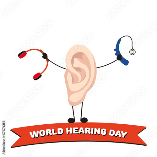 World Hearing Day poster ear with headphones and Hearing aids receiver device audiologist