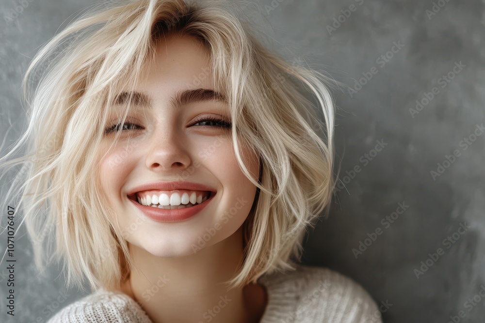 Image of a cheerful blonde girl with short hair against a gray backdrop