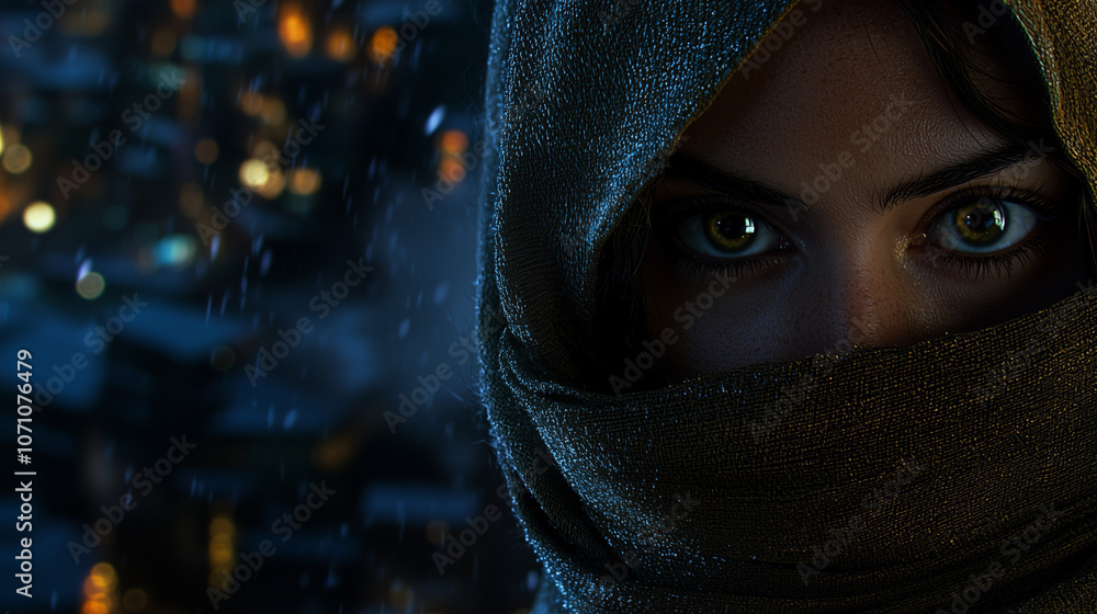 Mysterious womans intense eyes peering through a shawl under rainy night, city lights softly blurred in background Mysterious womans intense eyes peering through a shawl under rainy night, city lights softly blurred in background