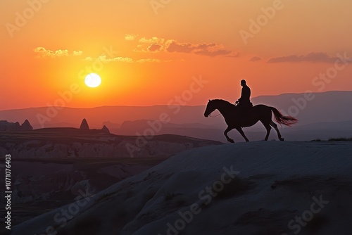 Horseman and dancing steed Sunset scene Cappadocia Turkey