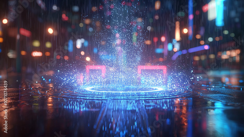 Water splash with vibrant neon lights reflecting on wet streets at night in a futuristic cityscape