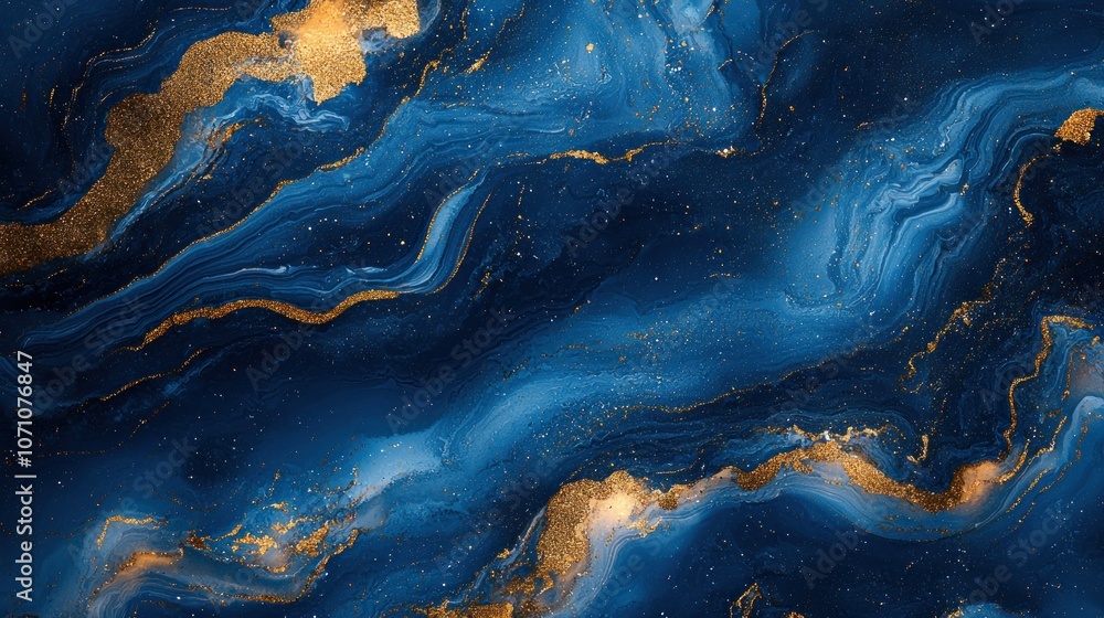 Abstract Blue and Gold Swirling Liquid Art with Glitter Abstract Blue and Gold Swirling Liquid Art with Glitter