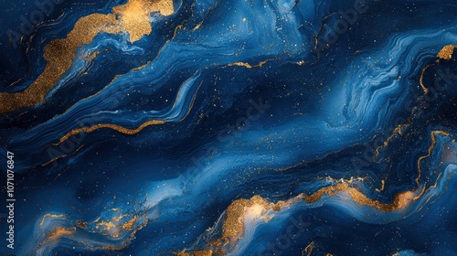 Abstract Blue and Gold Swirling Liquid Art with Glitter