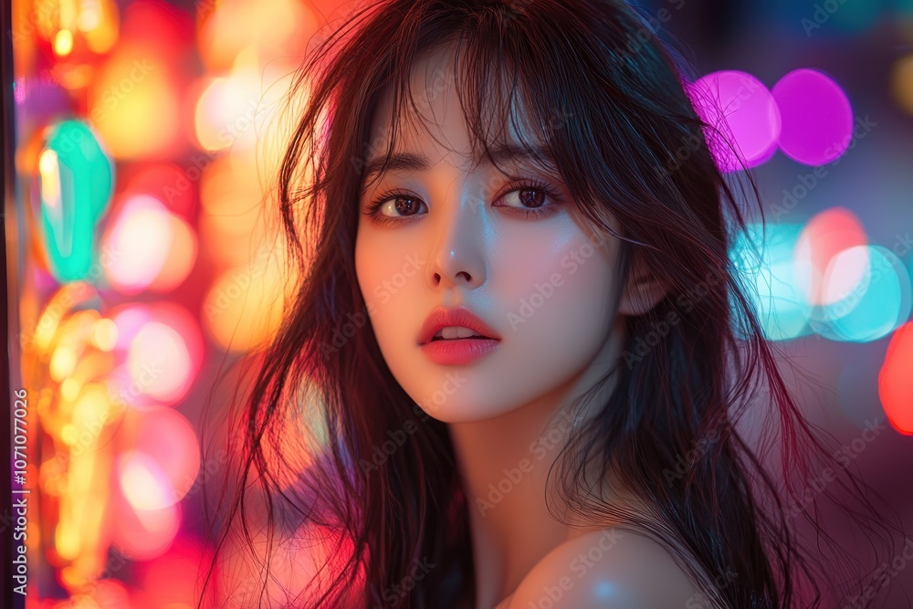 Portrait of a Woman with Long Dark Hair Against a Bokeh Background of Colorful Lights Portrait of a Woman with Long Dark Hair Against a Bokeh Background of Colorful Lights