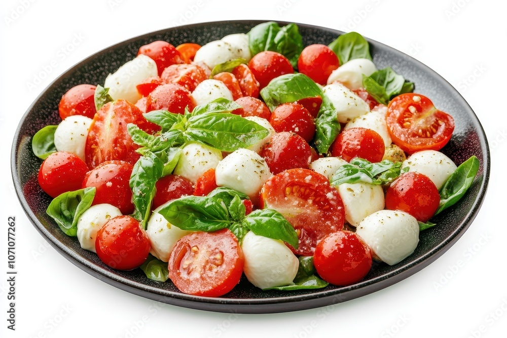 Isolated plate of vibrant salad featuring strawberries cherry tomatoes mozzarella and basil on a white background Healthy top view Isolated plate of vibrant salad featuring strawberries cherry tomatoes mozzarella and basil on a white background Healthy top view