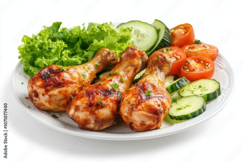 isolation of grilled chicken and vegetables on a white backdrop isolation of grilled chicken and vegetables on a white backdrop