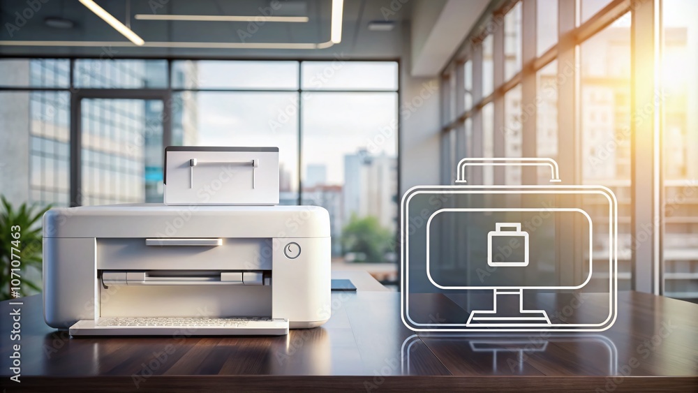 Minimalist Printer Line Icon in a Modern Workspace, Showcasing Design Elements for Technology and Office Supplies, Perfect for Illustrating Concepts of Printing and Digital Media Minimalist Printer Line Icon in a Modern Workspace, Showcasing Design Elements for Technology and Office Supplies, Perfect for Illustrating Concepts of Printing and Digital Media