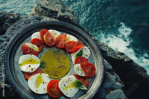 Italian caprese salad featuring tomato slices mozzarella basil and olive oil presented on a vintage metal plate against a dark background Close up rustic style photo