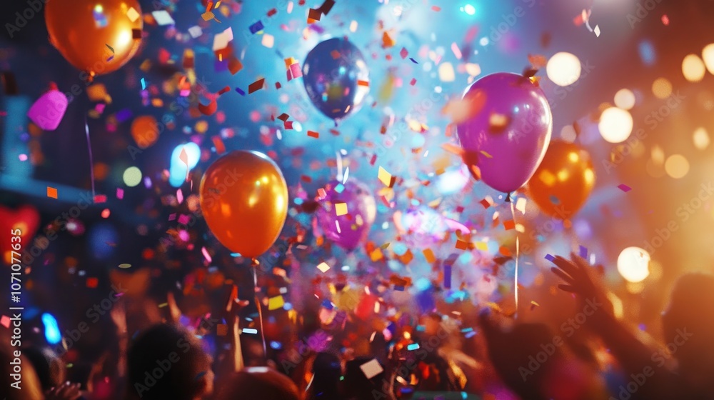 Confetti and balloons falling over a crowd, lively New Year party, bright colors, high energy Confetti and balloons falling over a crowd, lively New Year party, bright colors, high energy
