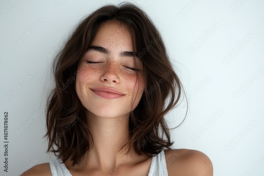 Joyful brunette Latina isolated on white Smiling young woman with freckles poses with closed eyes promoting skincare products in a vertical format Joyful brunette Latina isolated on white Smiling young woman with freckles poses with closed eyes promoting skincare products in a vertical format