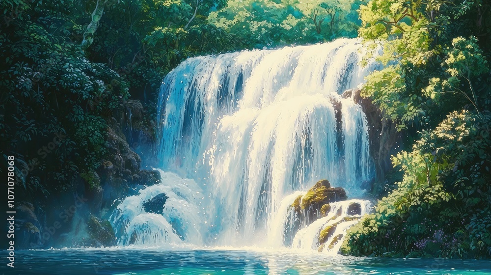 Fototapeta premium A majestic waterfall cascades down moss-covered rocks into a tranquil pool of water, surrounded by lush greenery.