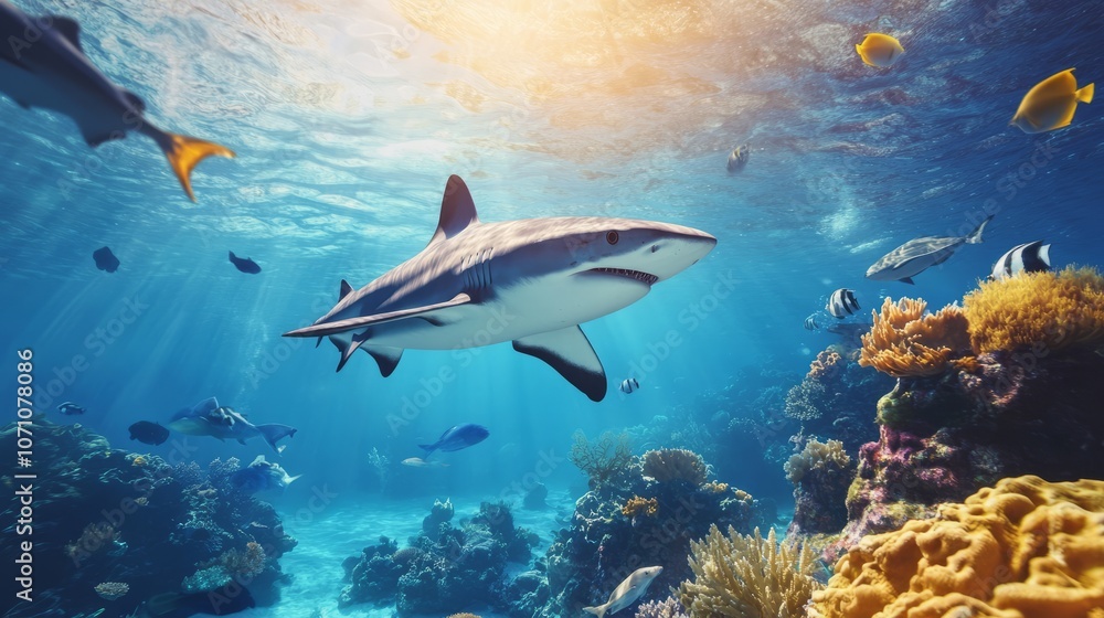 Fototapeta premium Shark underwater blue ocean close up with visible reefs and corals underwater, exotic ocean underwater with fish and shark 