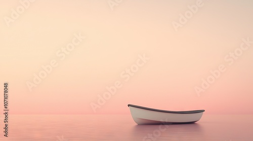  A boat floats on a water body, framed by a pink sky