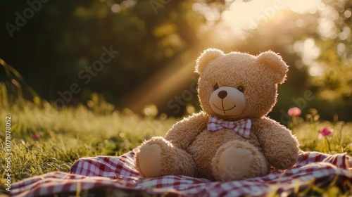 Teddy bear on a picnic blanket in the park on a summer afternoon close-up with space for text or inscriptions
