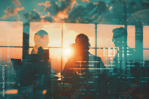 Silhouette of business people working in an office building, double exposure with the city and sunrise or sunset. High quality photo photo