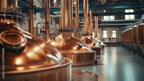 Copper large distillation tanks used to produce beer or other alcohol at the plant close up with space for text or inscriptions
