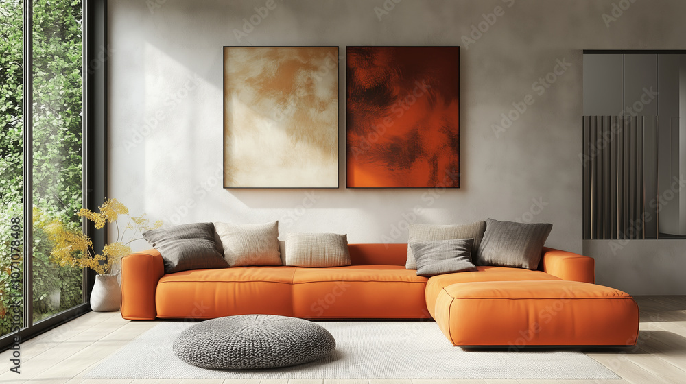 Interior design of modern living room with orange sofa and dual abstract paintings
Interior design of modern living room with orange sofa and dual abstract paintings