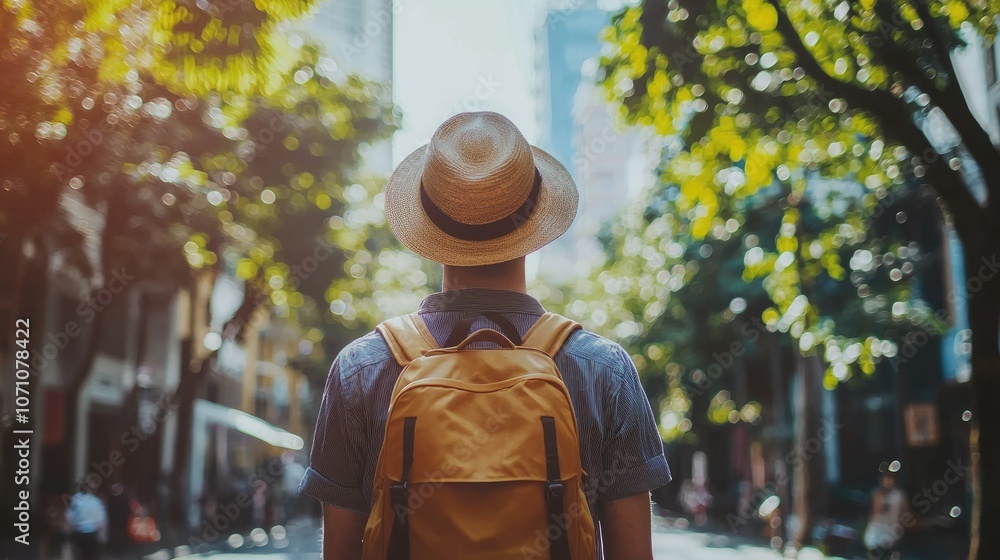 A man wearing a straw hat and a backpack stands on a city street, looking at the buildings in the distance. A man wearing a straw hat and a backpack stands on a city street, looking at the buildings in the distance.