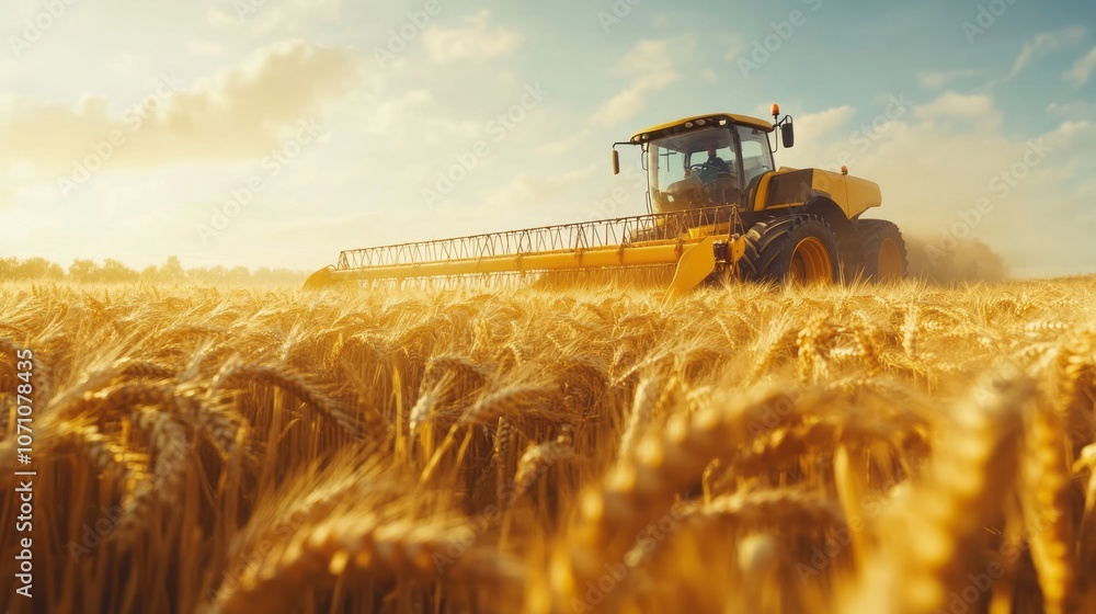 Yellow combine harvester mowing ripe yellow grain in a field against a blue sky with space for text or inscriptions
Yellow combine harvester mowing ripe yellow grain in a field against a blue sky with space for text or inscriptions