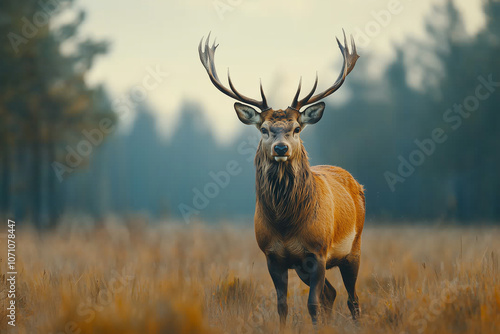 Majestic stag standing proudly in a golden meadow surrounded by trees during a tranquil morning in nature