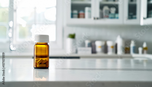 Bottle of pills sits on a counter in a kitchen. The bottle is brown and has a white cap. The kitchen is clean and organized, with a potted plant in the corner. Concept of order and calmness