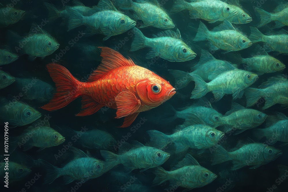 Red fish swimming among green fish, a concept of individuality and breaking norms Red fish swimming among green fish, a concept of individuality and breaking norms
