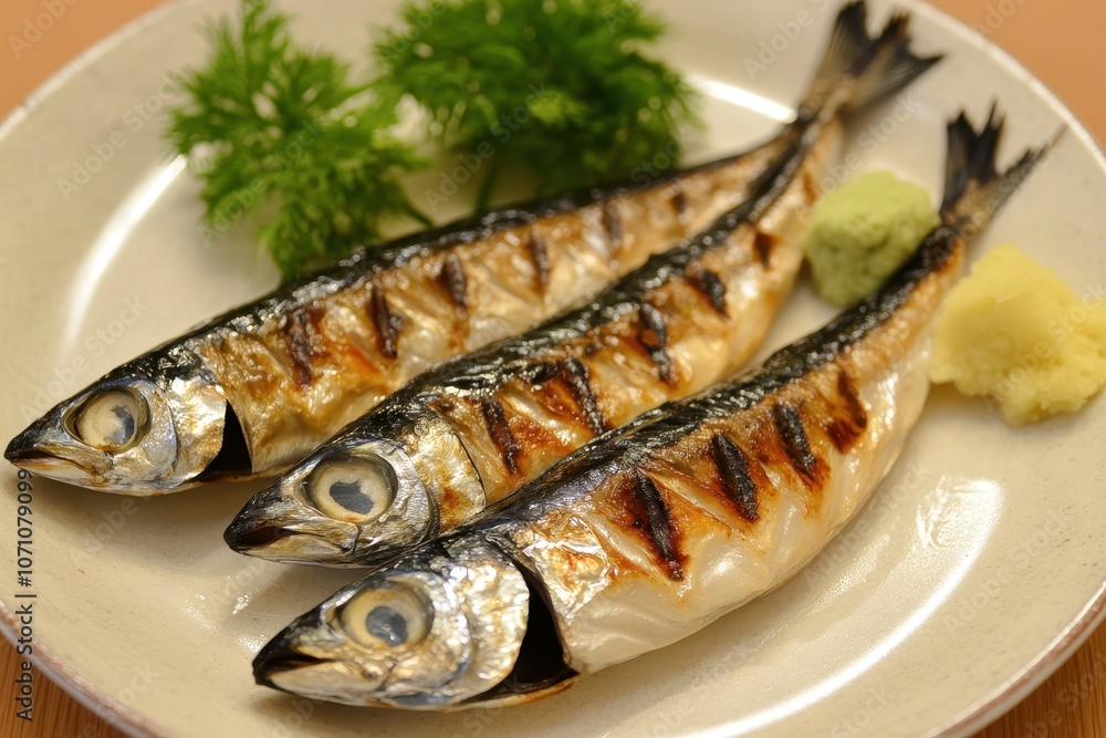 Mackerel grilled at Saba served on a white dish Mackerel grilled at Saba served on a white dish