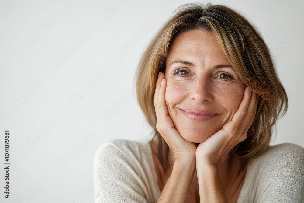 Middle aged woman applying facial cream smiling at the camera against a white background Concept of anti aging skincare Middle aged woman applying facial cream smiling at the camera against a white background Concept of anti aging skincare
