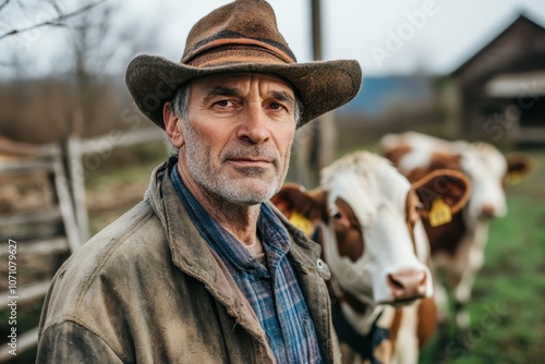 Middle aged farmer with a cow photo