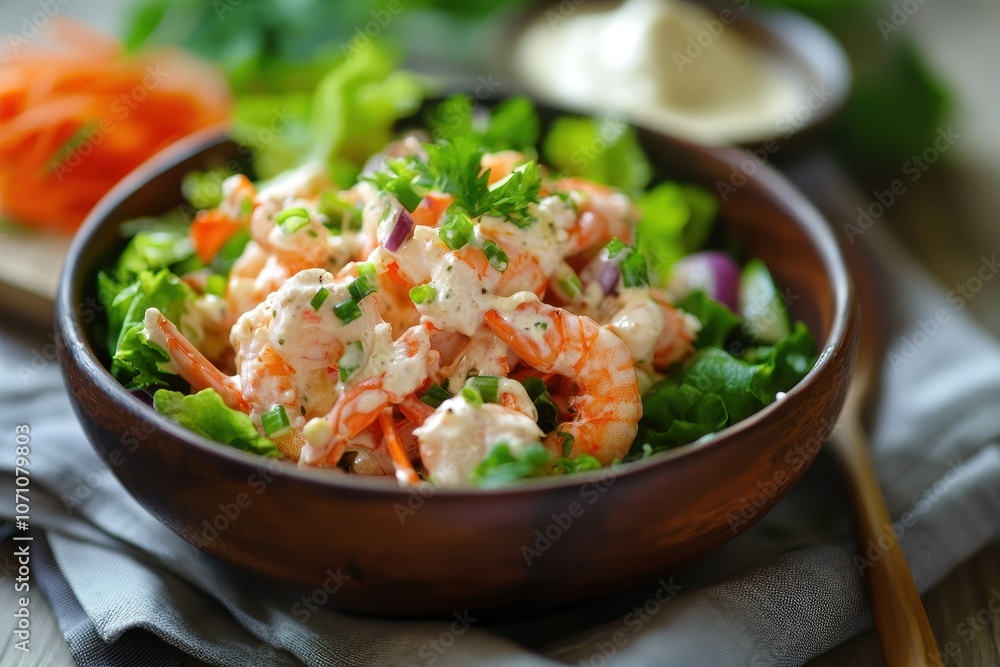 Mixed vegetable salad with Japanese crab prawns and mayonnaise Mixed vegetable salad with Japanese crab prawns and mayonnaise