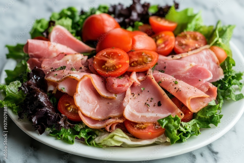 Mixed greens salad with ham and tomatoes Mixed greens salad with ham and tomatoes