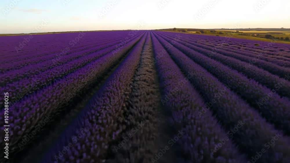Aerial view of a beautiful lavender field at sunset. Aerial view of a beautiful lavender field at sunset.